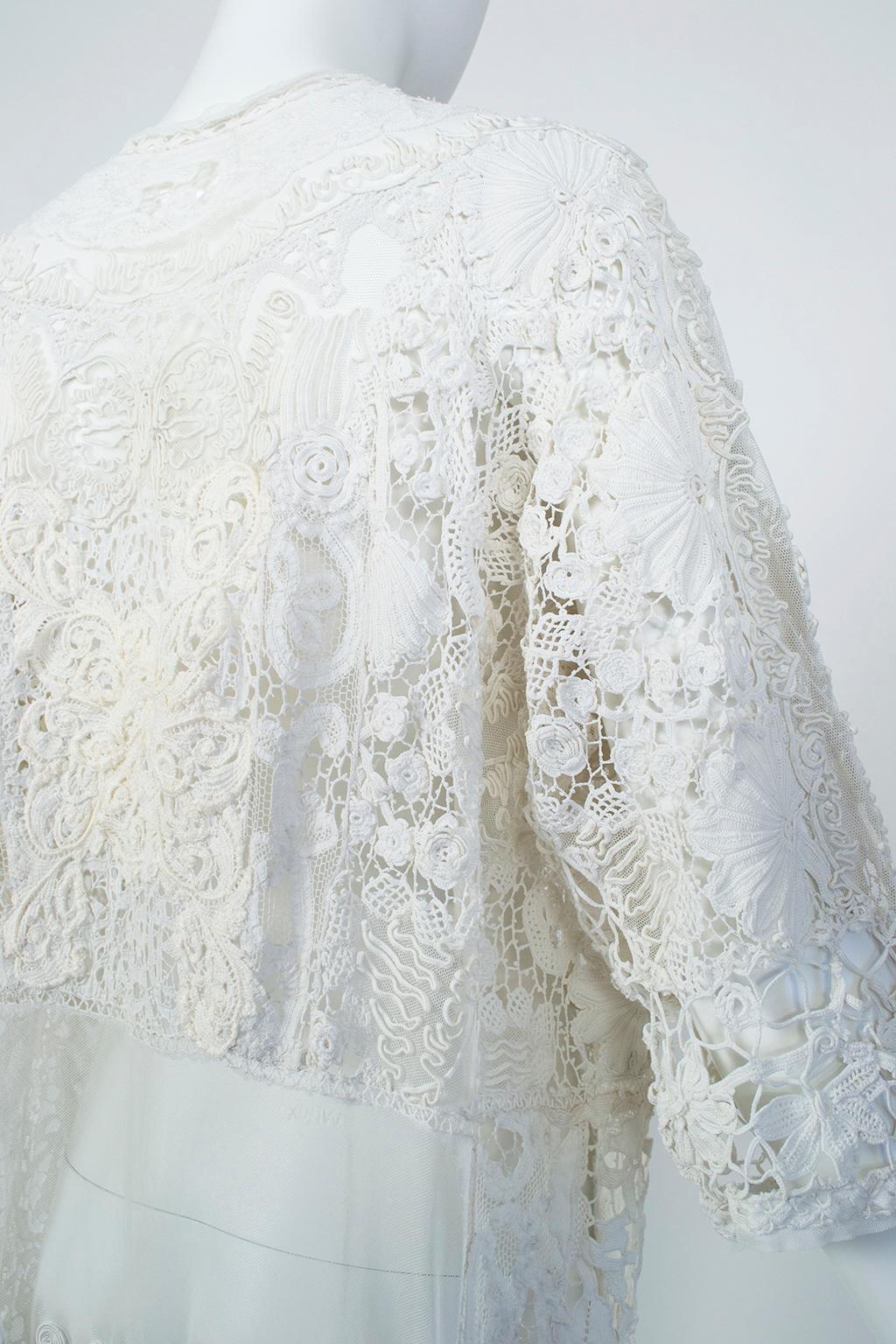 White Victorian Waist-Plunging Net and Crochet Bohemian Kaftan - O/S, 1890s 5