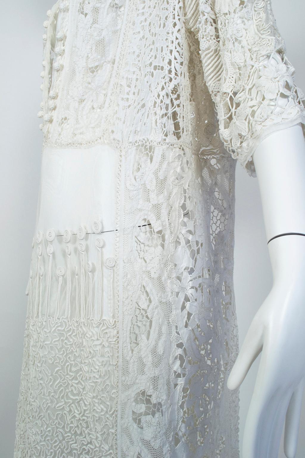 White Victorian Waist-Plunging Net and Crochet Bohemian Kaftan - O/S, 1890s 1