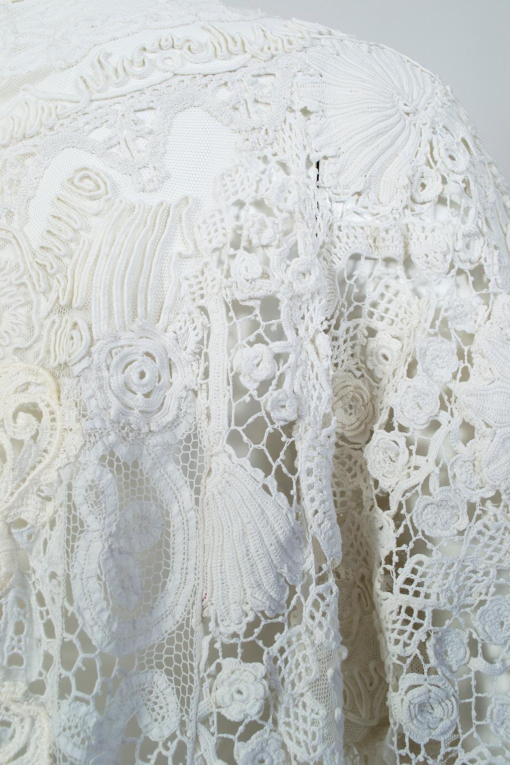 White Victorian Waist-Plunging Net and Crochet Bohemian Kaftan - O/S, 1890s 7
