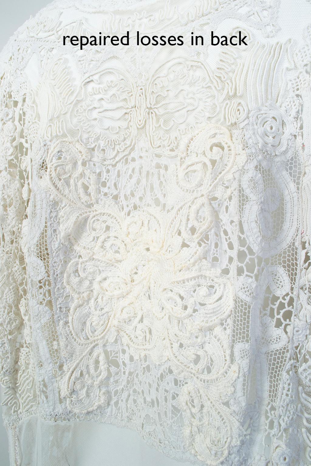 White Victorian Waist-Plunging Net and Crochet Bohemian Kaftan - O/S, 1890s 9