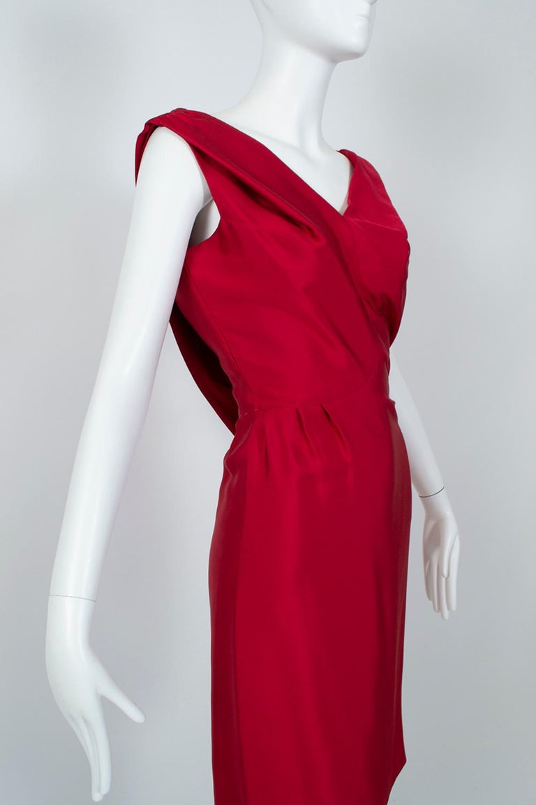 Lipstick Red Silk *Larger Size* Sheath Dress w Convertible Scarf Back - L, 1960s For Sale 1