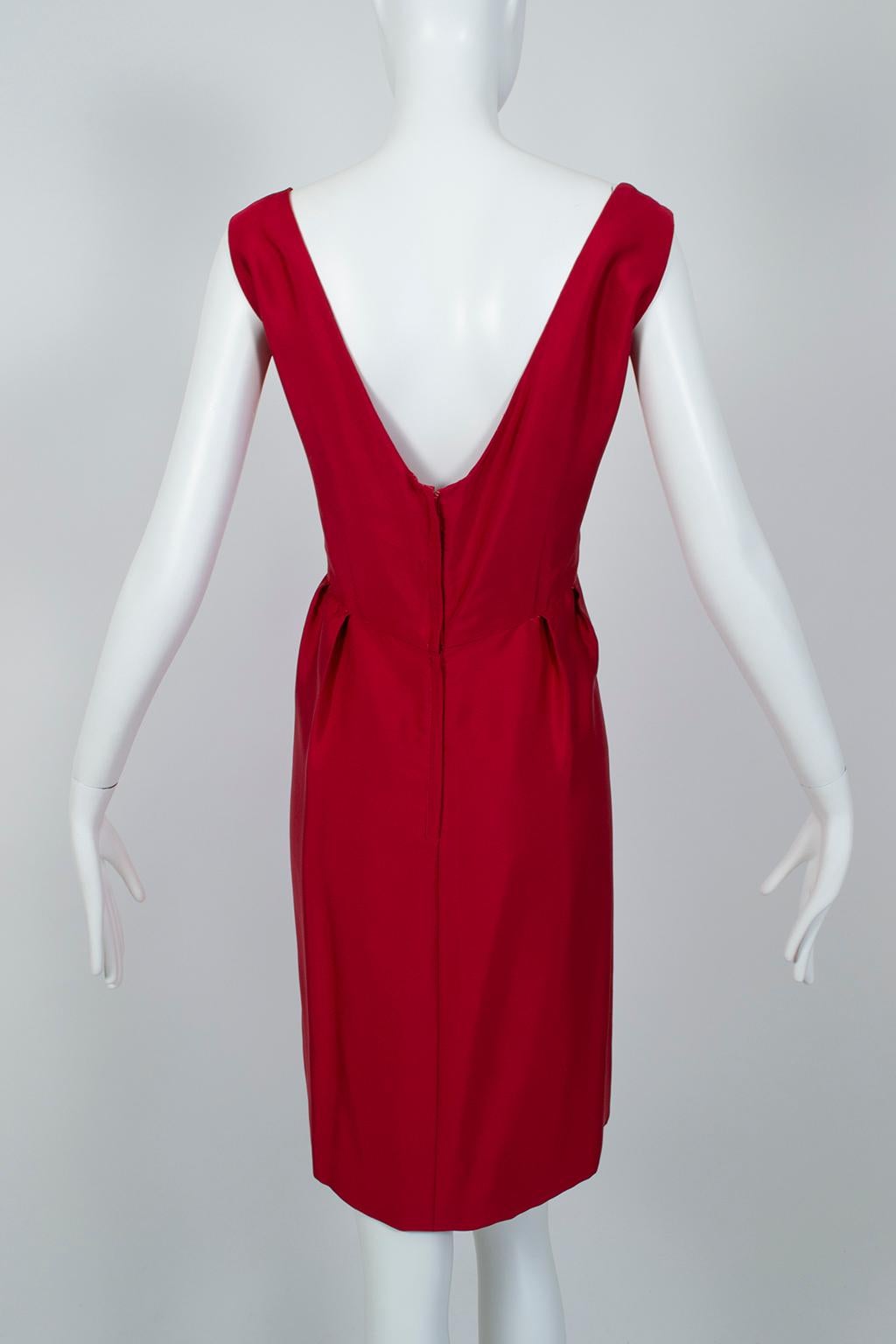 Lipstick Red Silk *Larger Size* Sheath Dress w Convertible Scarf Back - L, 1960s In Excellent Condition For Sale In Tucson, AZ