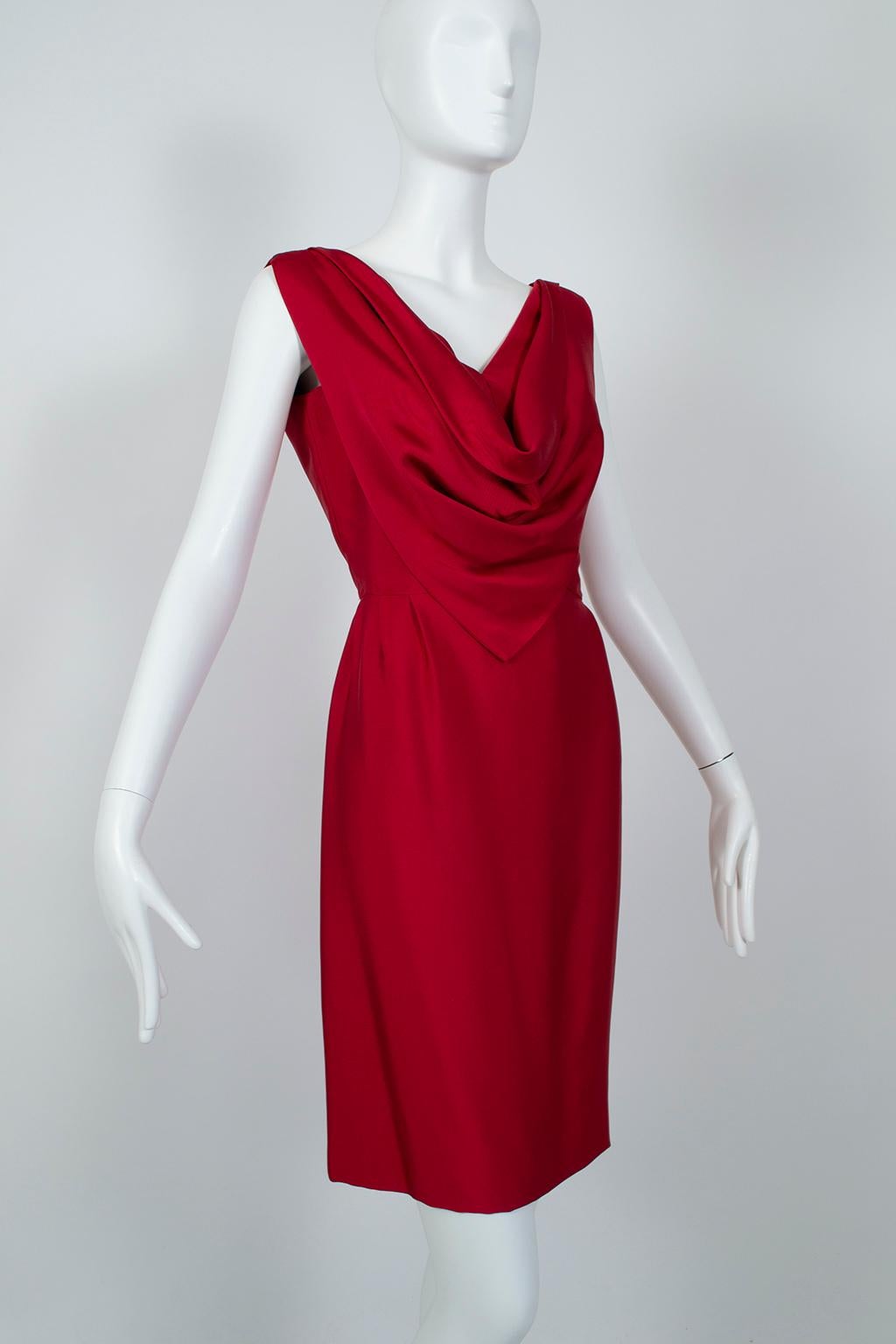 Lipstick Red Silk *Larger Size* Sheath Dress w Convertible Scarf Back - L, 1960s For Sale 4