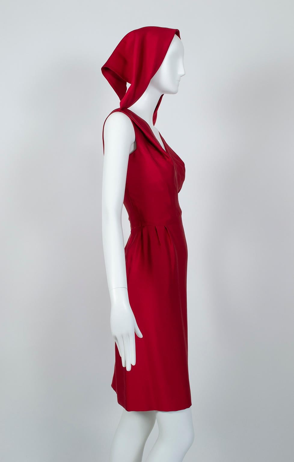 Lipstick Red Silk *Larger Size* Sheath Dress w Convertible Scarf Back - L, 1960s For Sale 5