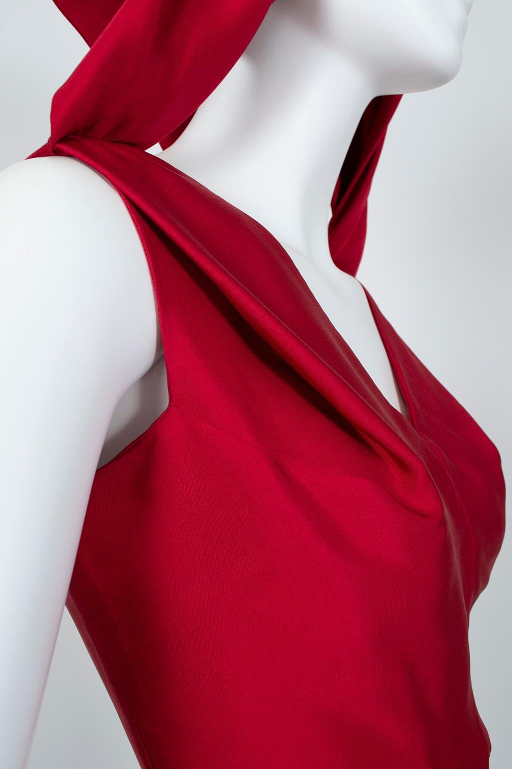 Lipstick Red Silk *Larger Size* Sheath Dress w Convertible Scarf Back - L, 1960s For Sale 2