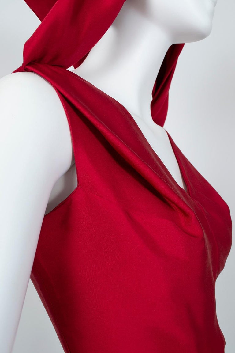 Lipstick Red Silk *Larger Size* Sheath Dress w Convertible Scarf Back - L, 1960s For Sale 5