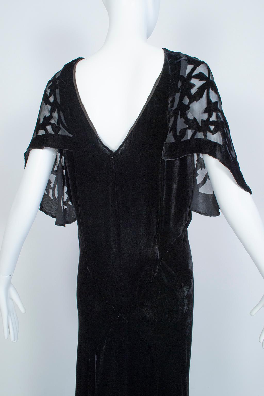 Women's Black *Larger Size* Erté-Style Art Deco Burnout Velvet Backless Gown- M-L, 1930s