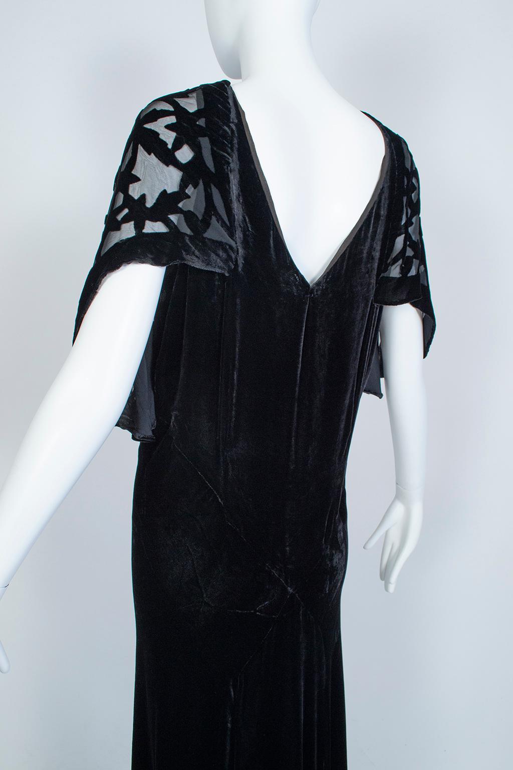 Black *Larger Size* Erté-Style Art Deco Burnout Velvet Backless Gown- M-L, 1930s 1