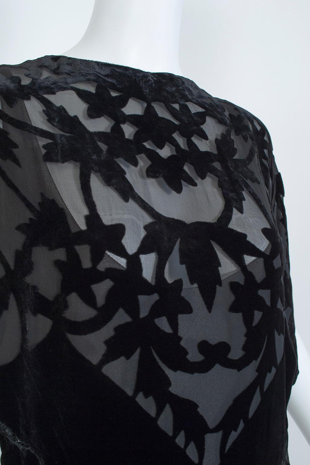 Black *Larger Size* Erté-Style Art Deco Burnout Velvet Backless Gown- M-L, 1930s 2