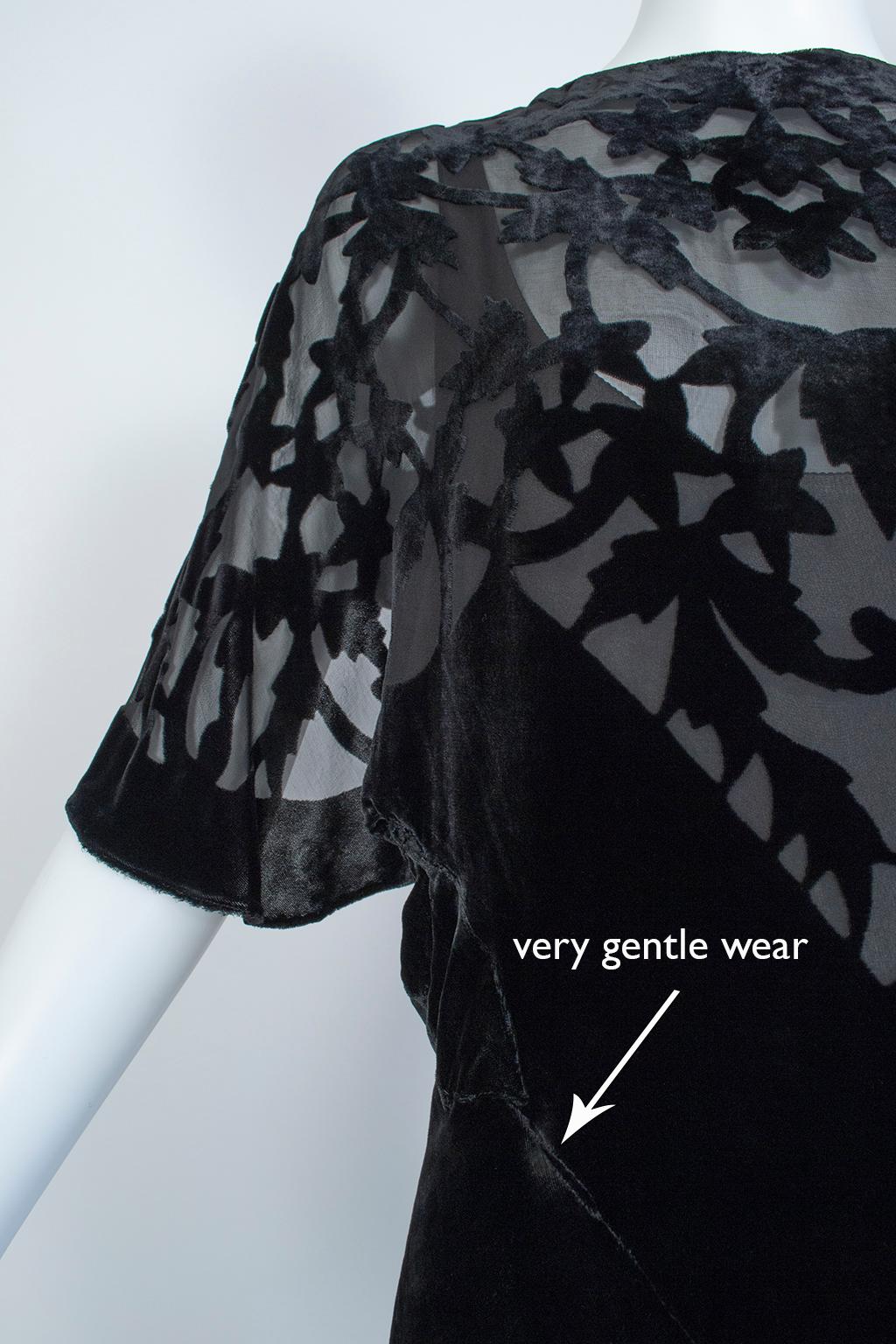 Black *Larger Size* Erté-Style Art Deco Burnout Velvet Backless Gown- M-L, 1930s 7