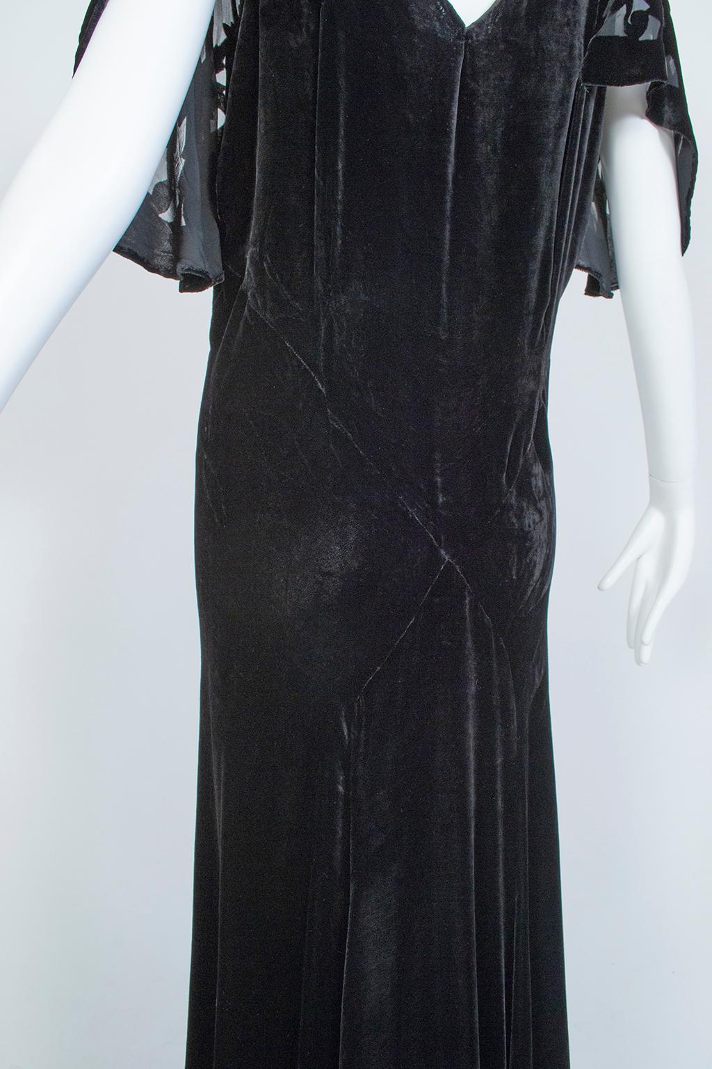 Black *Larger Size* Erté-Style Art Deco Burnout Velvet Backless Gown- M-L, 1930s 3