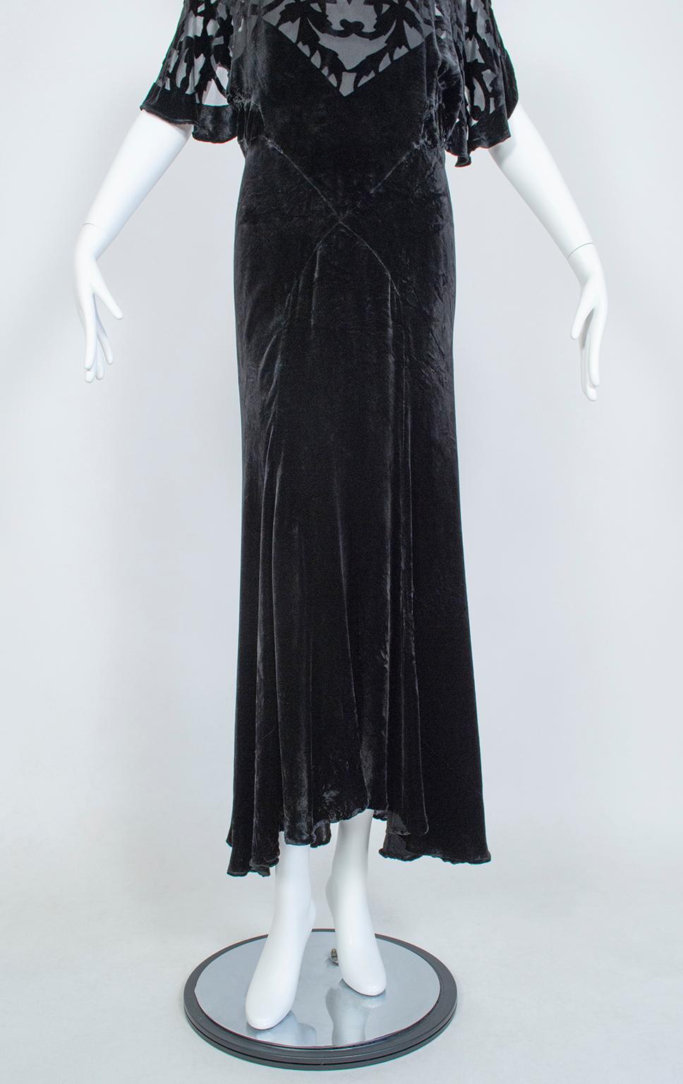 Black *Larger Size* Erté-Style Art Deco Burnout Velvet Backless Gown- M-L, 1930s 4