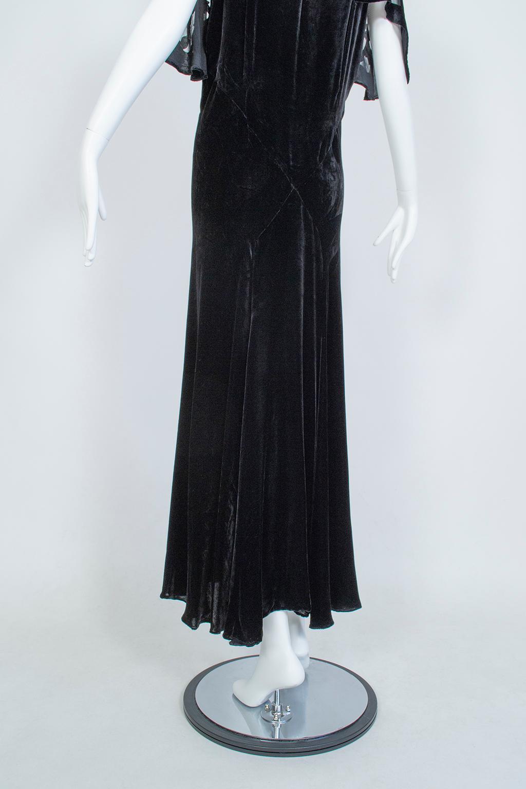 Black *Larger Size* Erté-Style Art Deco Burnout Velvet Backless Gown- M-L, 1930s 5