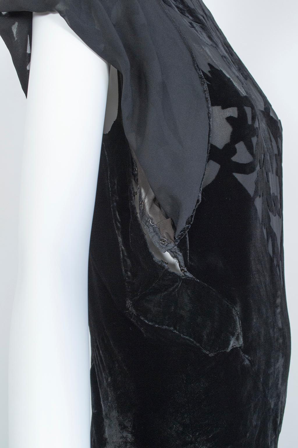 Black *Larger Size* Erté-Style Art Deco Burnout Velvet Backless Gown- M-L, 1930s 6