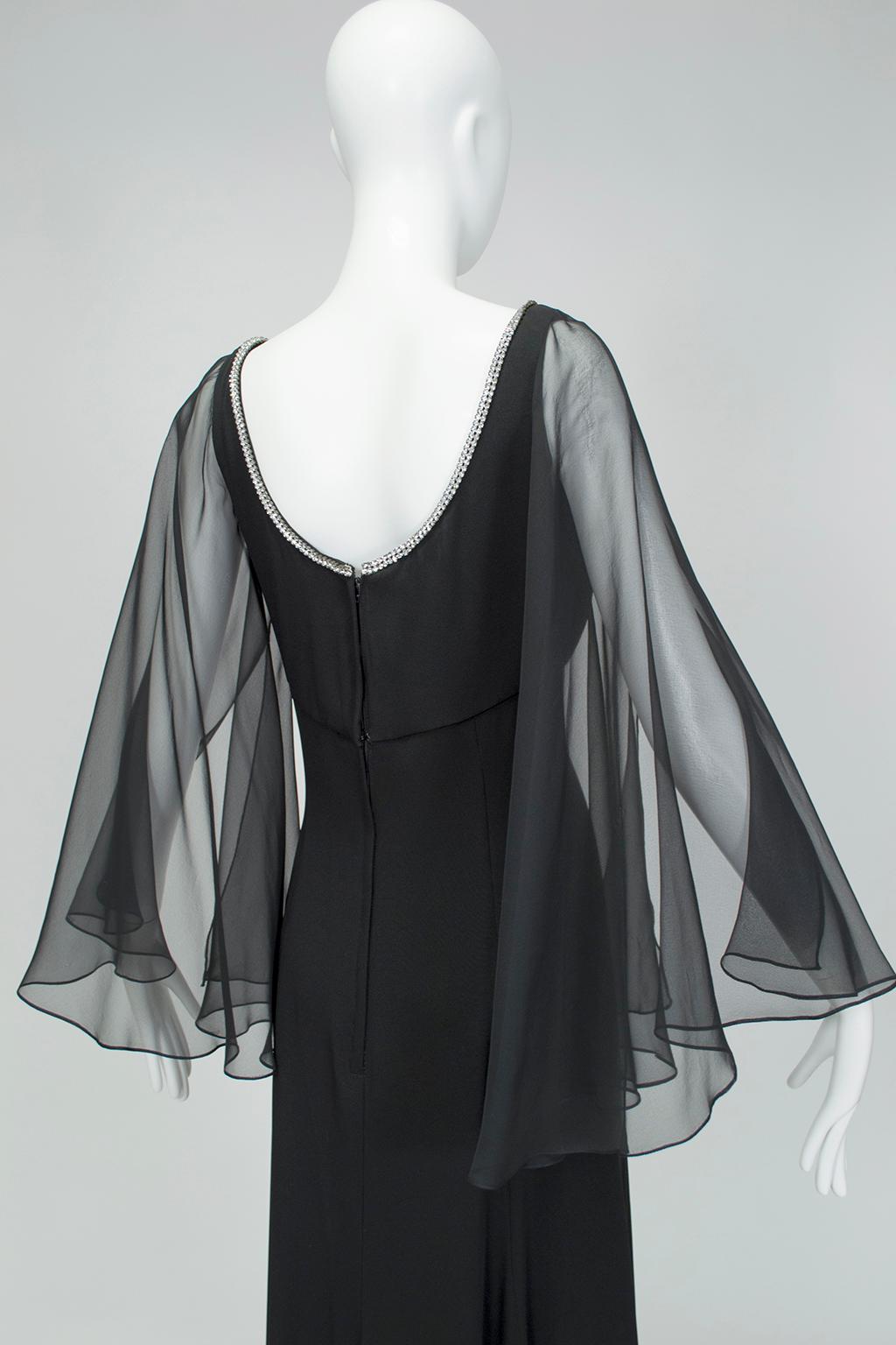 Women's Lillie Rubin Black Sheer Angel Wing Gown with Rhinestone Plunge - Small, 1960s For Sale