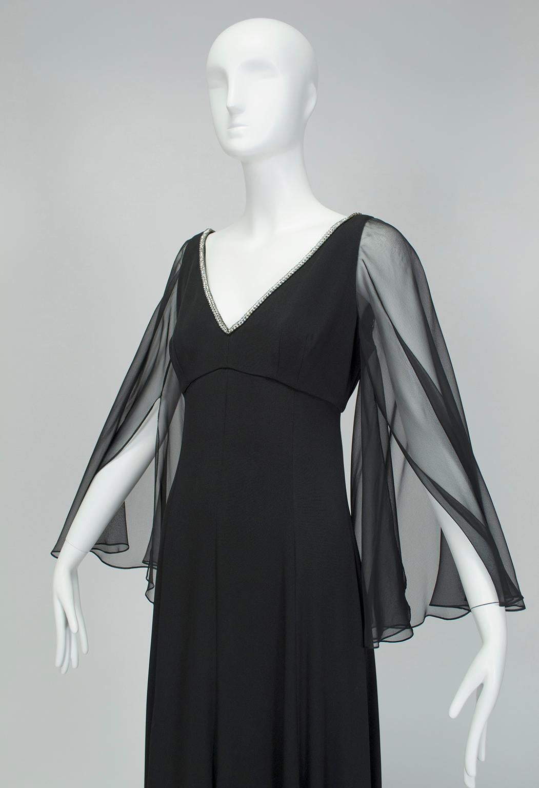 Lillie Rubin Black Sheer Angel Wing Gown with Rhinestone Plunge - Small, 1960s In Excellent Condition For Sale In Tucson, AZ