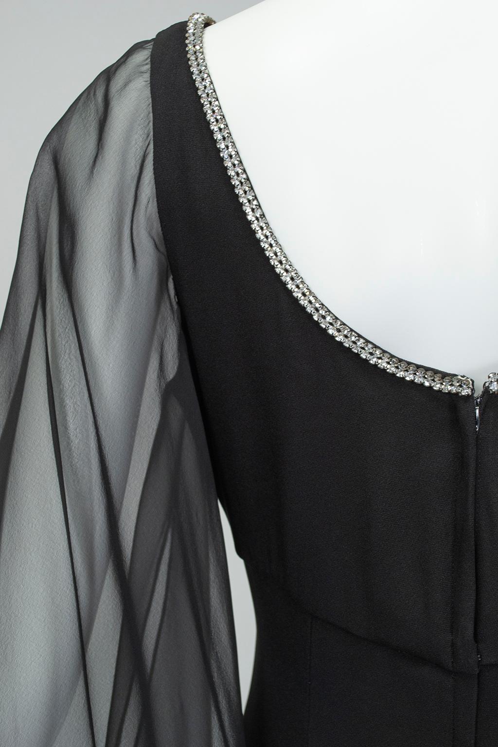 Lillie Rubin Black Sheer Angel Wing Gown with Rhinestone Plunge - Small, 1960s For Sale 3