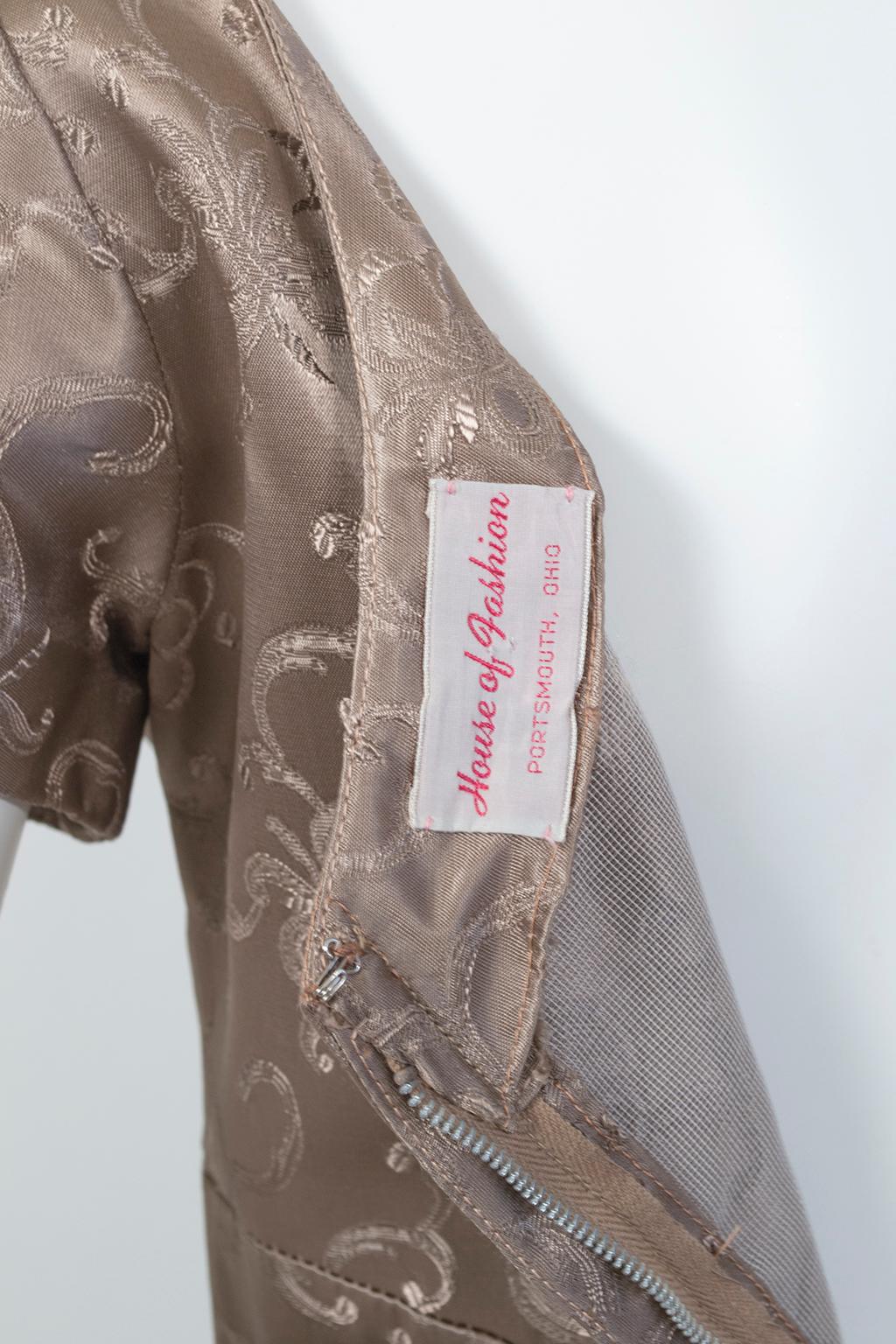 New Look Taupe Silk Sateen Jacquard Cutaway Decolletage Party Dress - S, 1950s in vendita 8