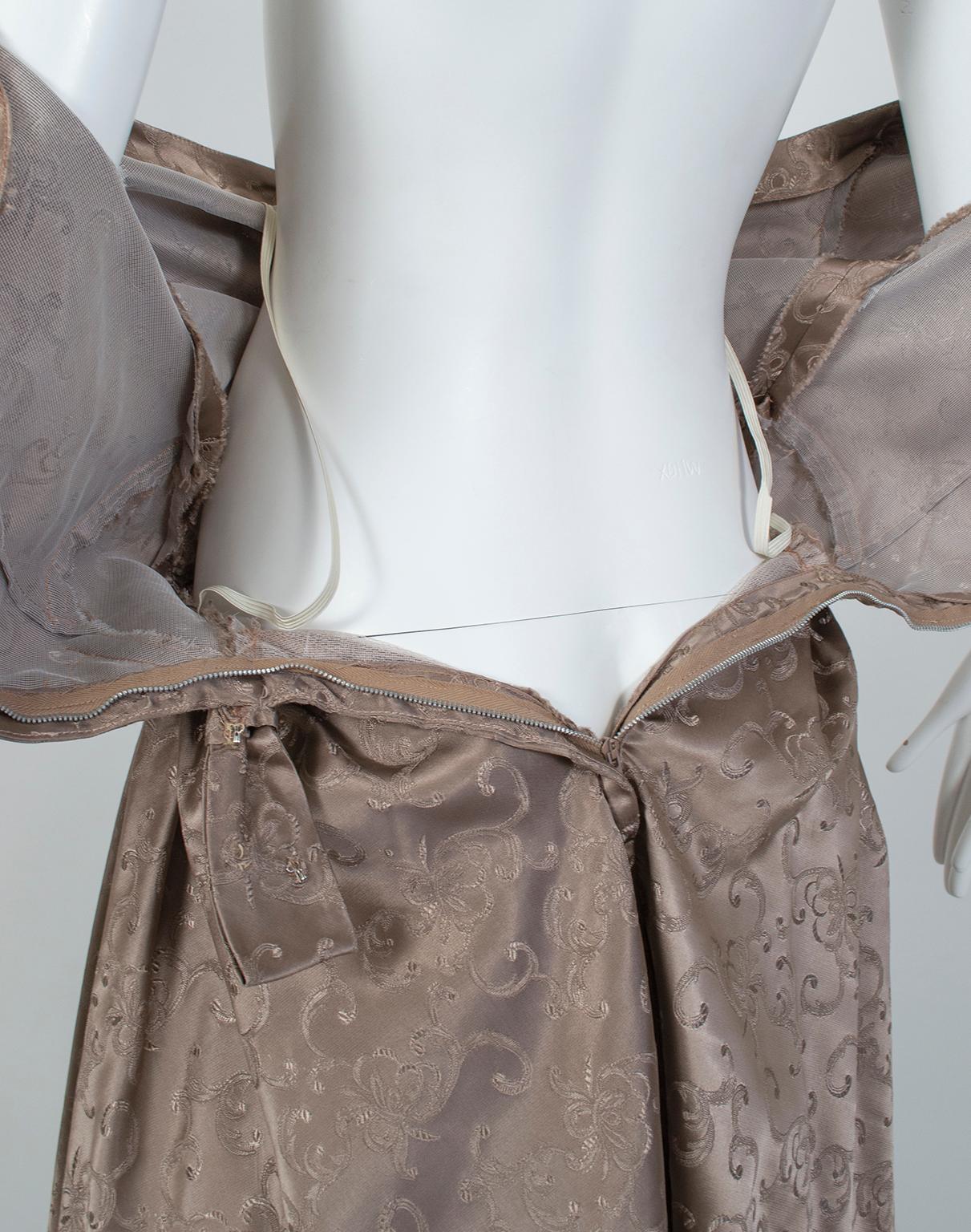 New Look Taupe Silk Sateen Jacquard Cutaway Decolletage Party Dress - S, 1950s For Sale 4