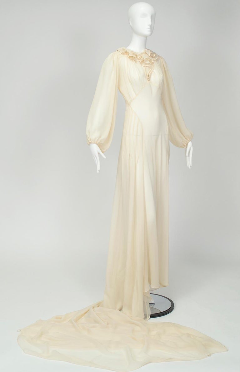 Beige Haute Couture Cream Medieval Cathedral Train Wedding Gown - Small, 1930s For Sale