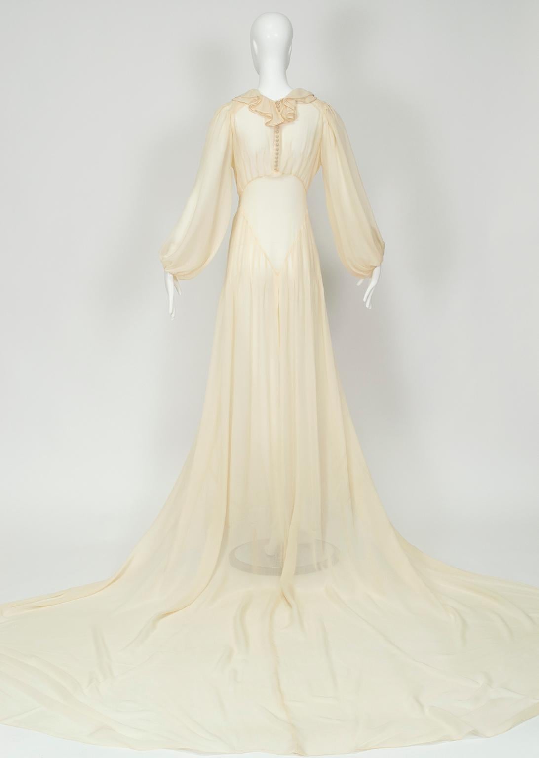 Haute Couture Cream Medieval Cathedral Train Wedding Gown - Small, 1930s 1