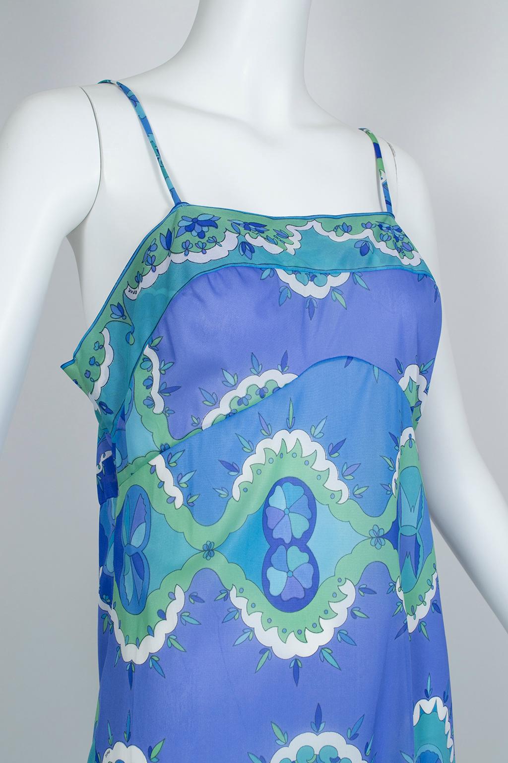 Women's Emilio Pucci Formfit Rogers Blue Palette Negligée Slip Mini Dress - Small, 1960s