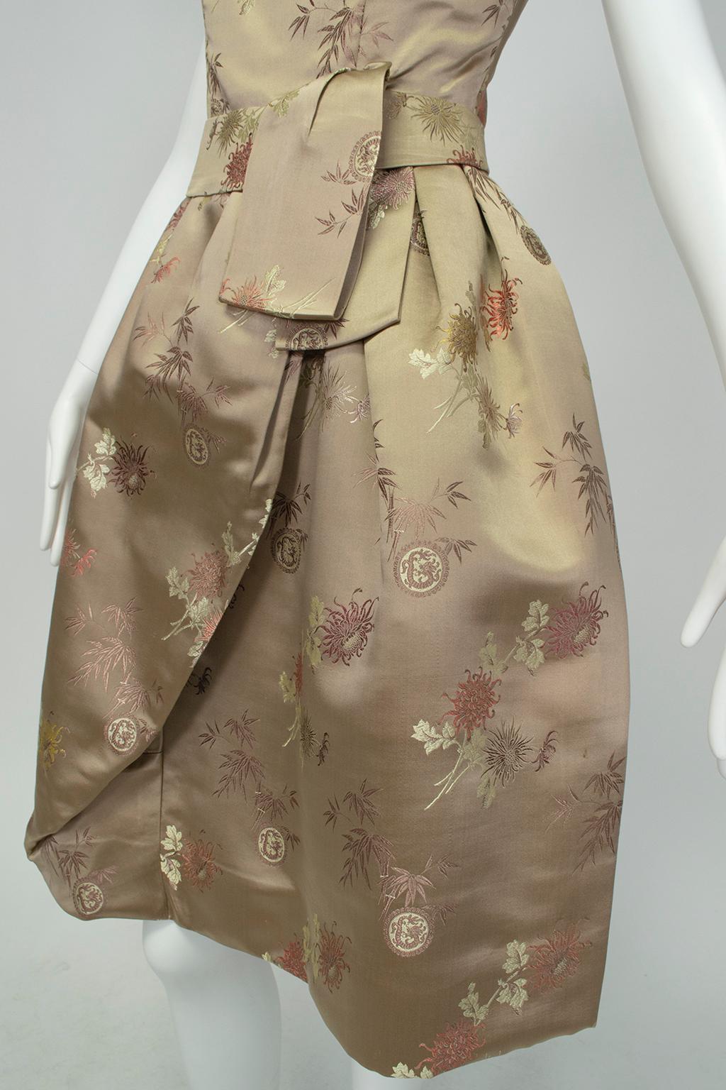Jacques Cassia Haute Couture Taupe Brocade Corolle Tulip Skirt Dress - S, 1960s For Sale 4