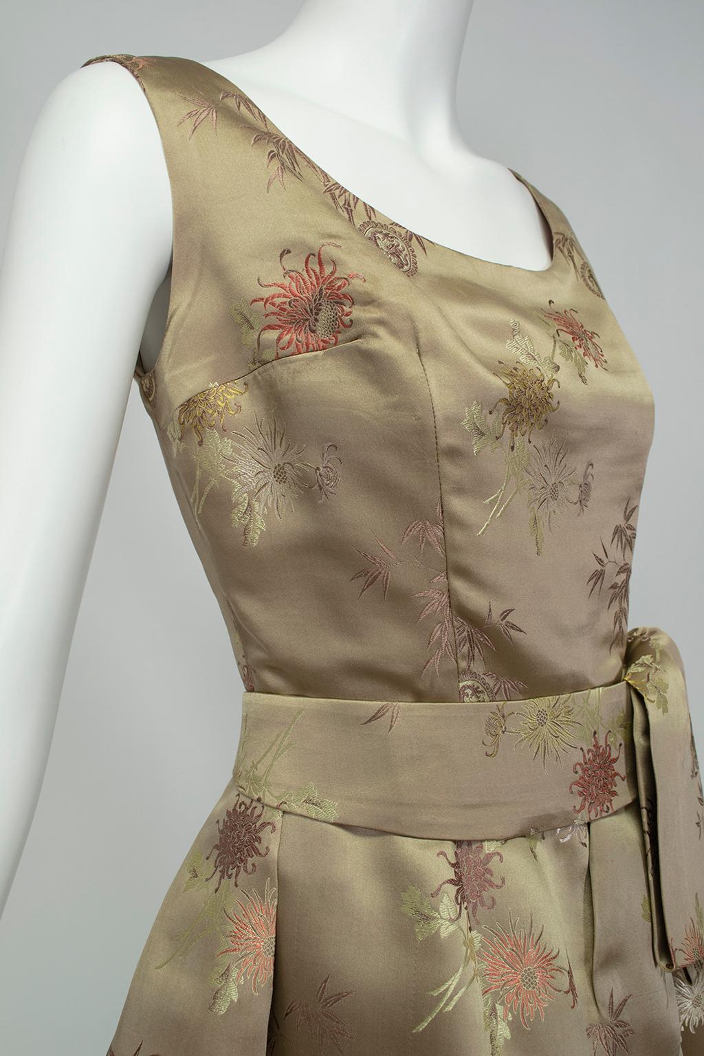 Women's Jacques Cassia Haute Couture Taupe Brocade Corolle Tulip Skirt Dress - S, 1960s For Sale