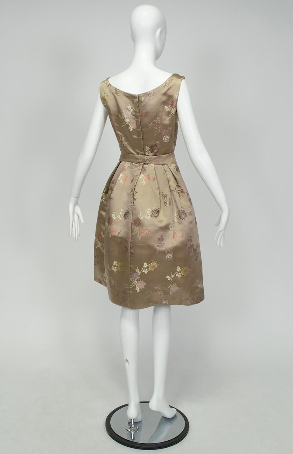 Brown Jacques Cassia Haute Couture Taupe Brocade Corolle Tulip Skirt Dress - S, 1960s For Sale