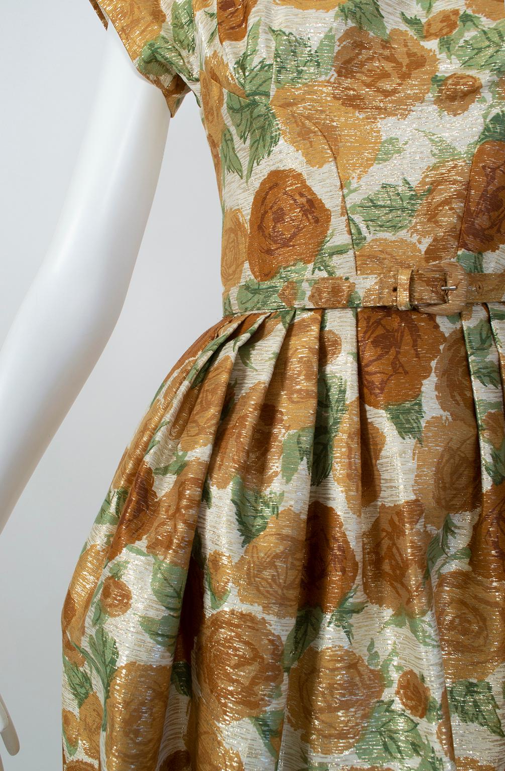 Metallic Green and Gold Floral Cocktail Dress w Lampshade Hobble Skirt- S, 1950s 3