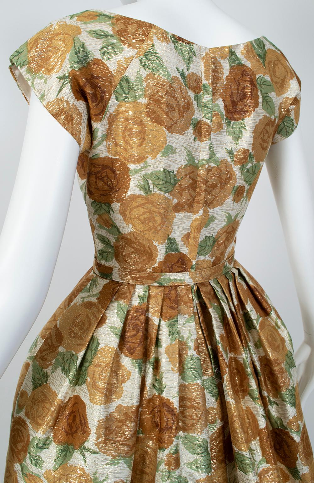 Brown Metallic Green and Gold Floral Cocktail Dress w Lampshade Hobble Skirt- S, 1950s