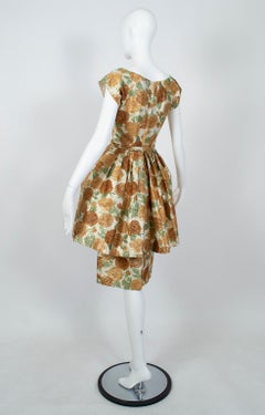 Metallic Green and Gold Floral Cocktail Dress w Lampshade Hobble Skirt- S, 1950s