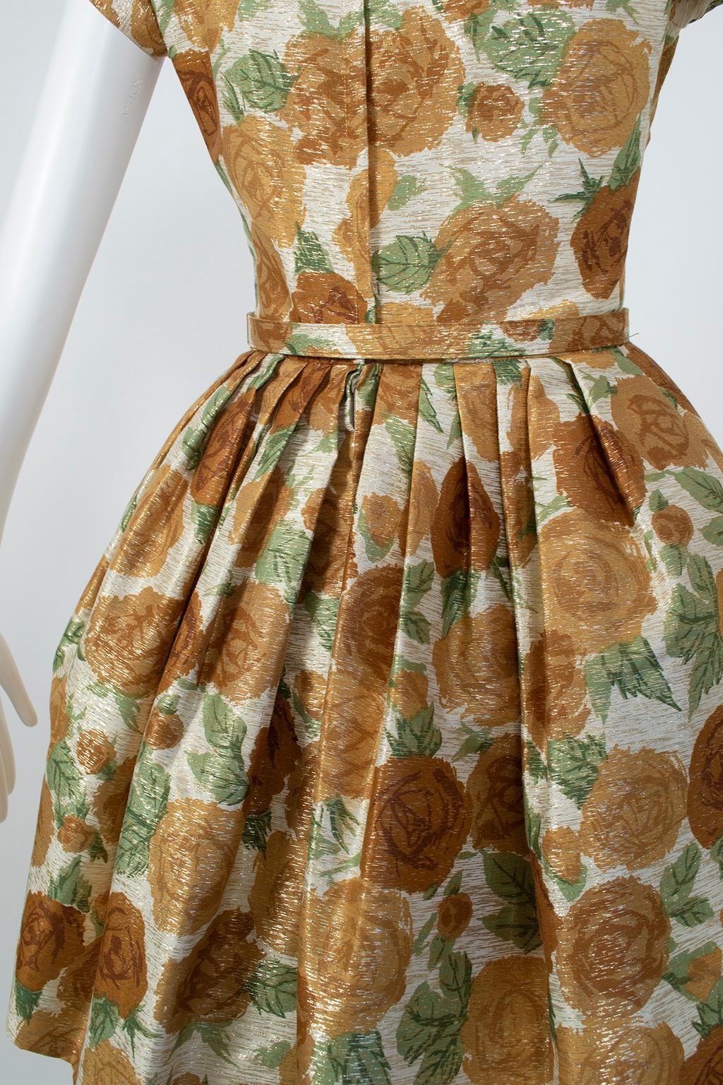 Metallic Green and Gold Floral Cocktail Dress w Lampshade Hobble Skirt- S, 1950s 4