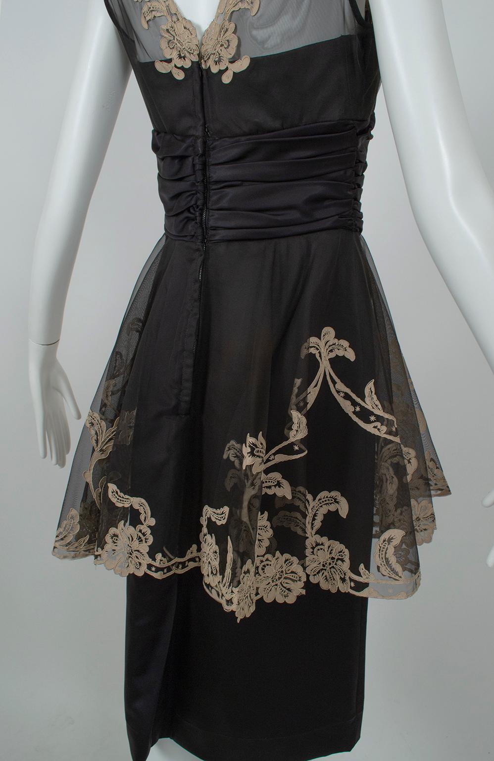 Black and Taupe Café Society Painted Lace Split Peplum Cummerbund Dress-S, 1950s For Sale 4