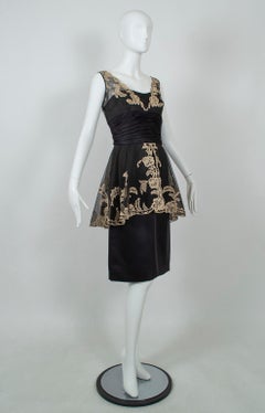Black and Taupe Café Society Painted Lace Split Peplum Cummerbund Dress-S, 1950s