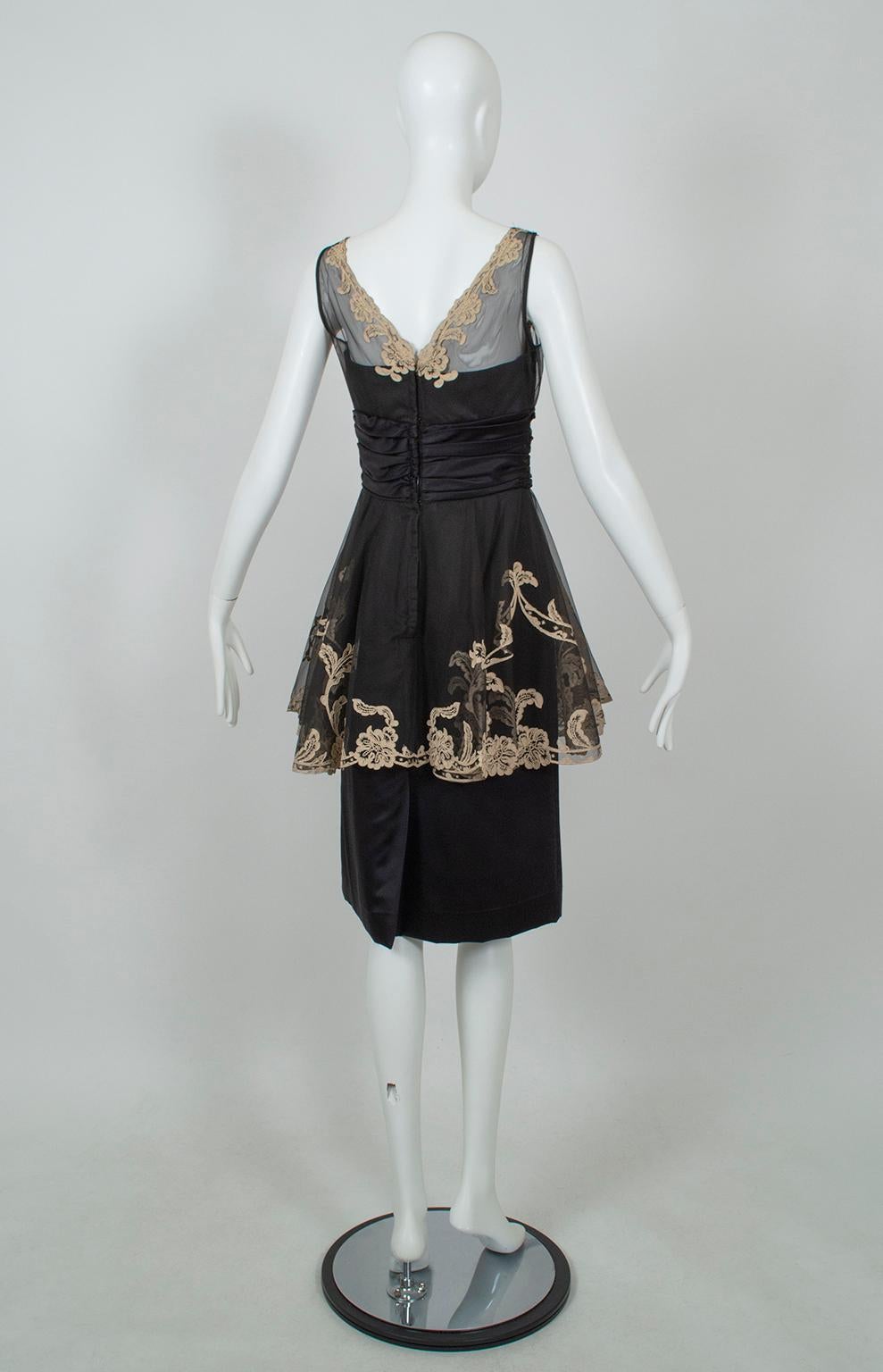 Women's Black and Taupe Café Society Painted Lace Split Peplum Cummerbund Dress-S, 1950s For Sale