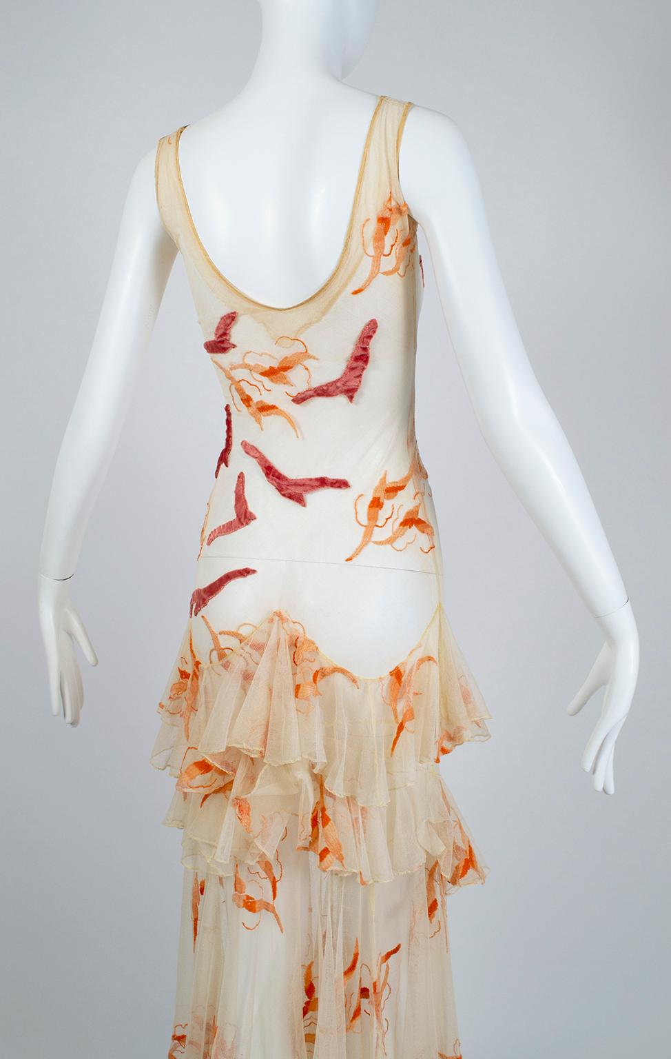 Women's Nude Net and Panné Velvet Tiered Flock of Seagulls Ruffle Dress- XXS, Late 1920s For Sale