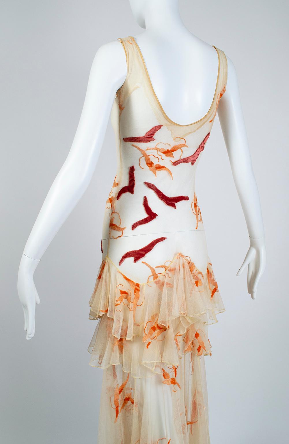 Nude Net and Panné Velvet Tiered Flock of Seagulls Ruffle Dress- XXS, Late 1920s For Sale 1