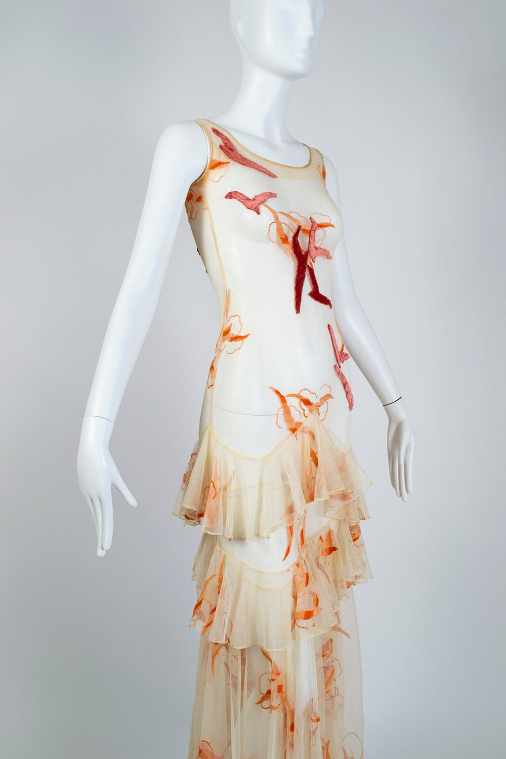 Beige Nude Net and Panné Velvet Tiered Flock of Seagulls Ruffle Dress- XXS, Late 1920s For Sale