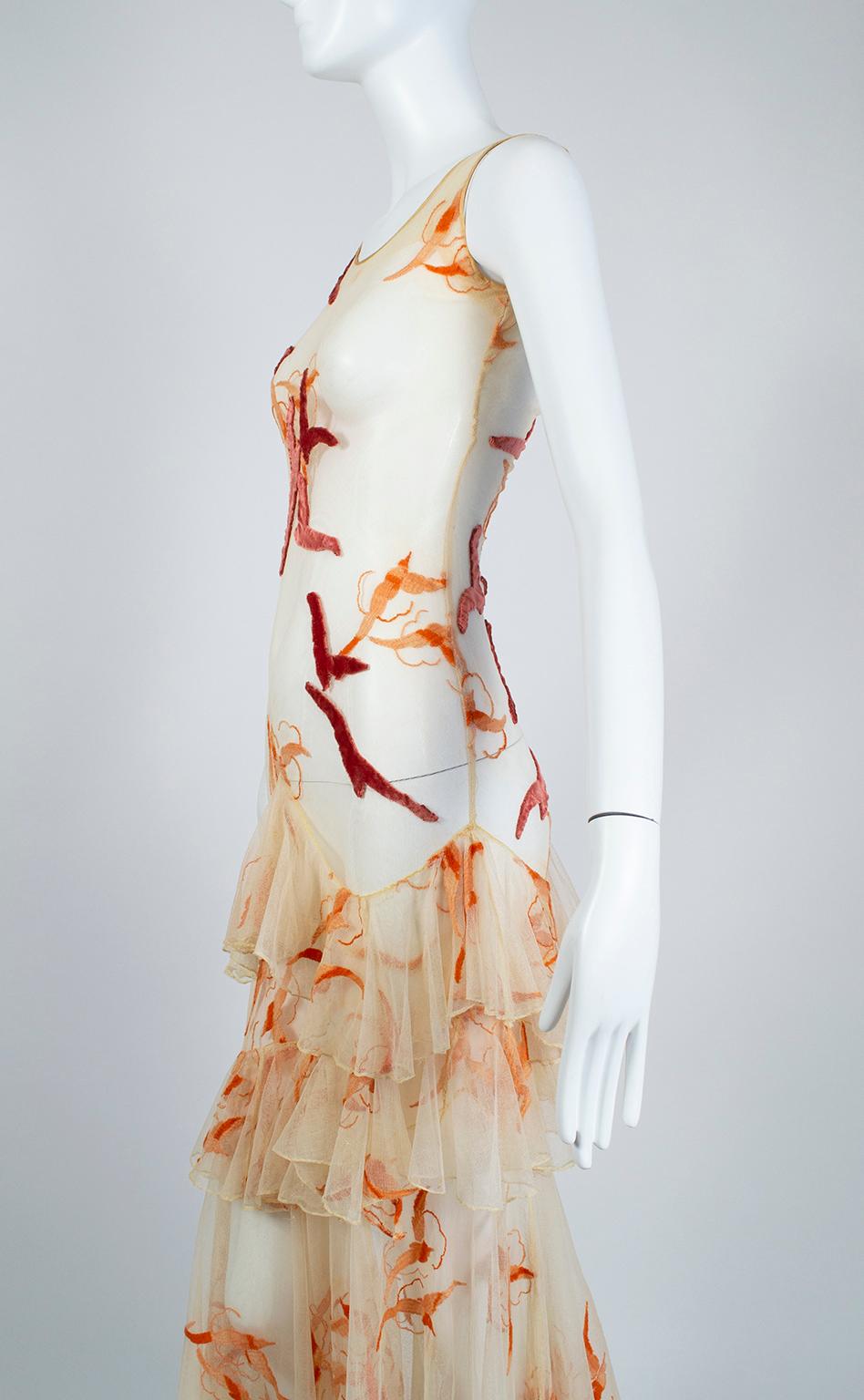 Nude Net and Panné Velvet Tiered Flock of Seagulls Ruffle Dress- XXS, Late 1920s In Good Condition For Sale In Tucson, AZ