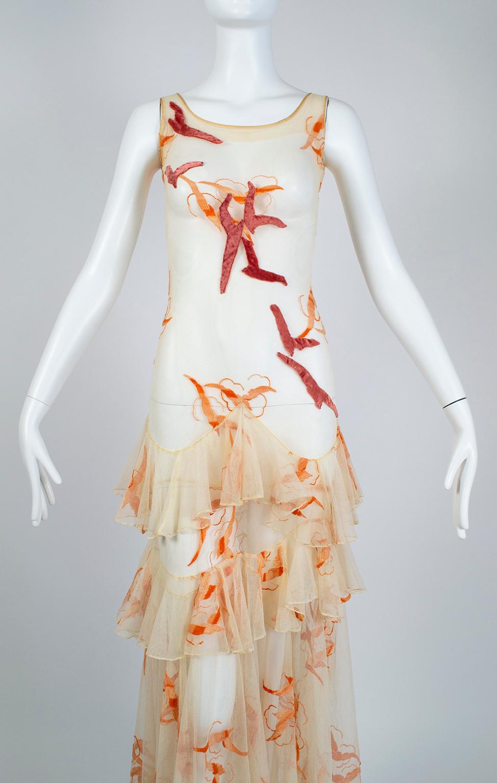 Nacktes Kleid aus Netz und Panné-Samt mit Möwenschwarm-Rüschen - XXS, Ende der 1920er Jahre Damen im Angebot