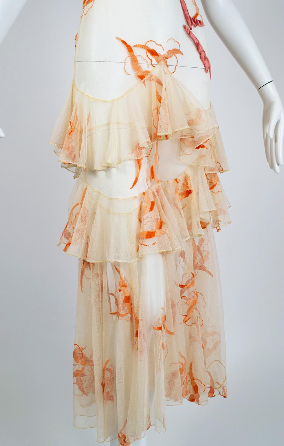 Nude Net and Panné Velvet Tiered Flock of Seagulls Ruffle Dress- XXS, Late 1920s For Sale 5