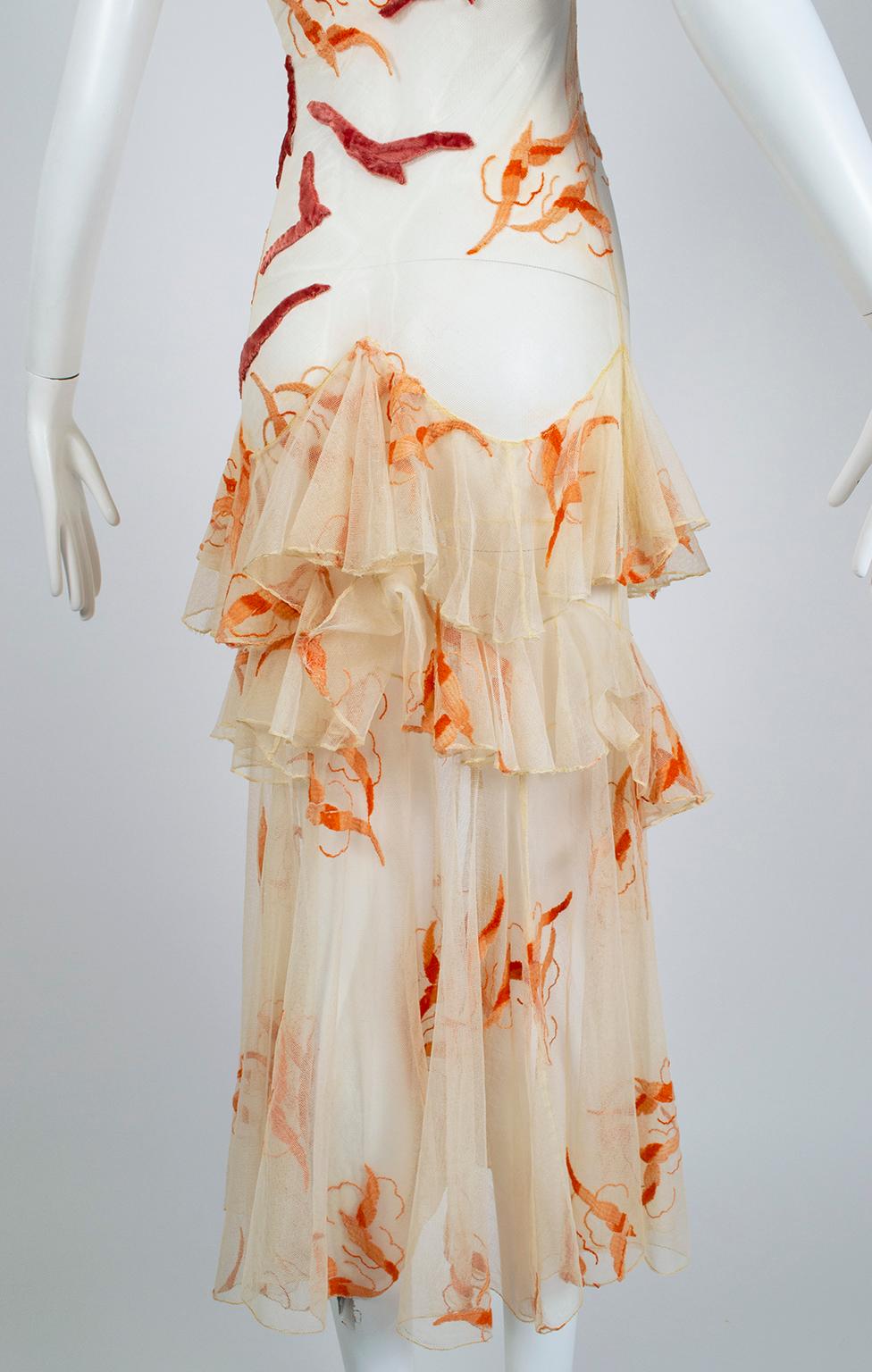 Nude Net and Panné Velvet Tiered Flock of Seagulls Ruffle Dress- XXS, Late 1920s For Sale 6