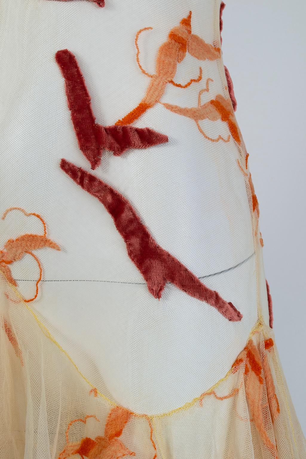 Vestido con volantes de rebaño de gaviotas en red desnuda y terciopelo pané - XXS, finales de los años 20 en venta 6