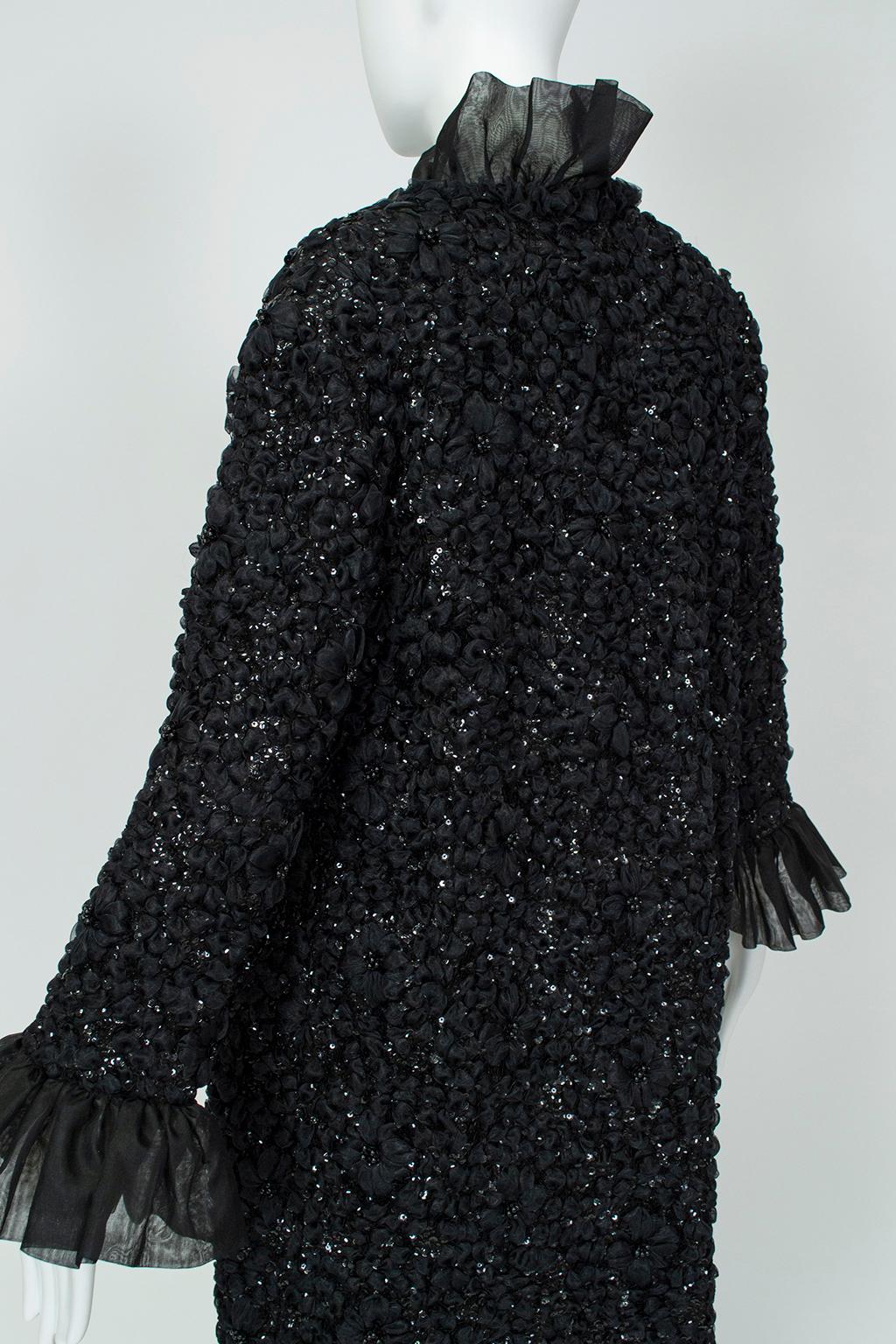 Sparkling Tufted Black Chiffon Ruffled Evening Coat with Bell Cuffs - S-M, 1960s 1