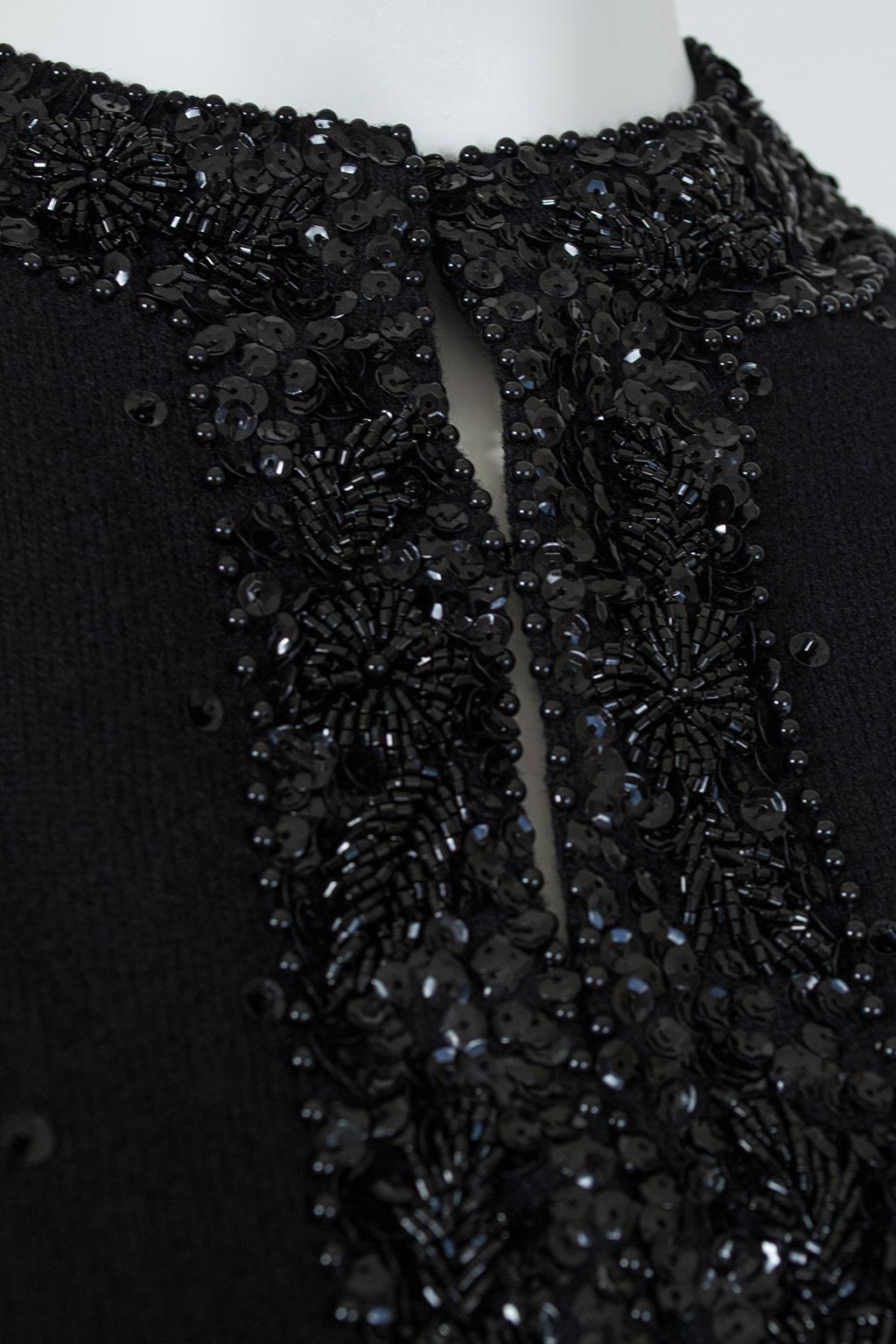 Black Angora Bead and Sequin Evening Cardigan Sweater, Hong Kong - S-M, 1950s For Sale 2