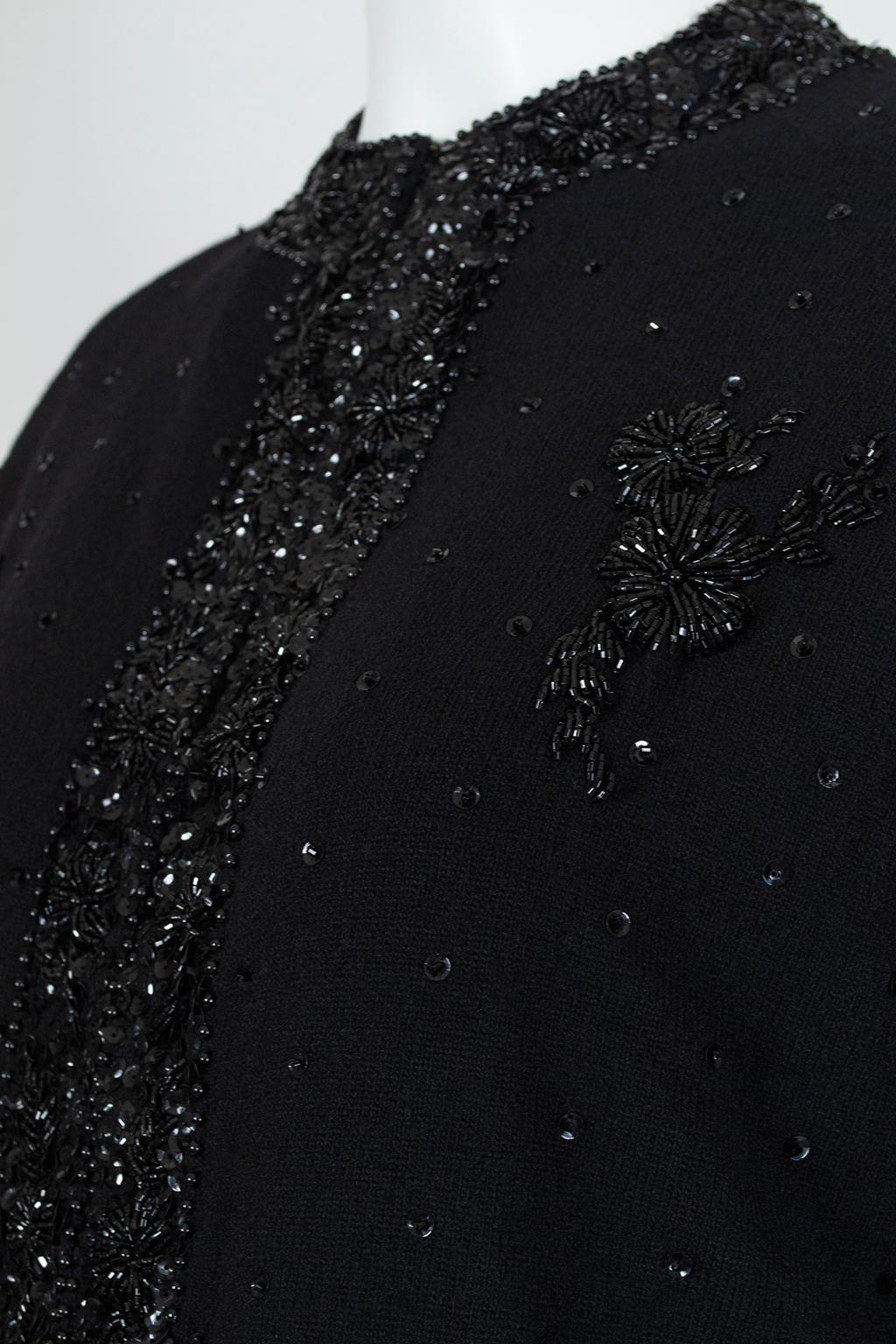 Black Angora Bead and Sequin Evening Cardigan Sweater, Hong Kong - S-M, 1950s In Excellent Condition For Sale In Tucson, AZ
