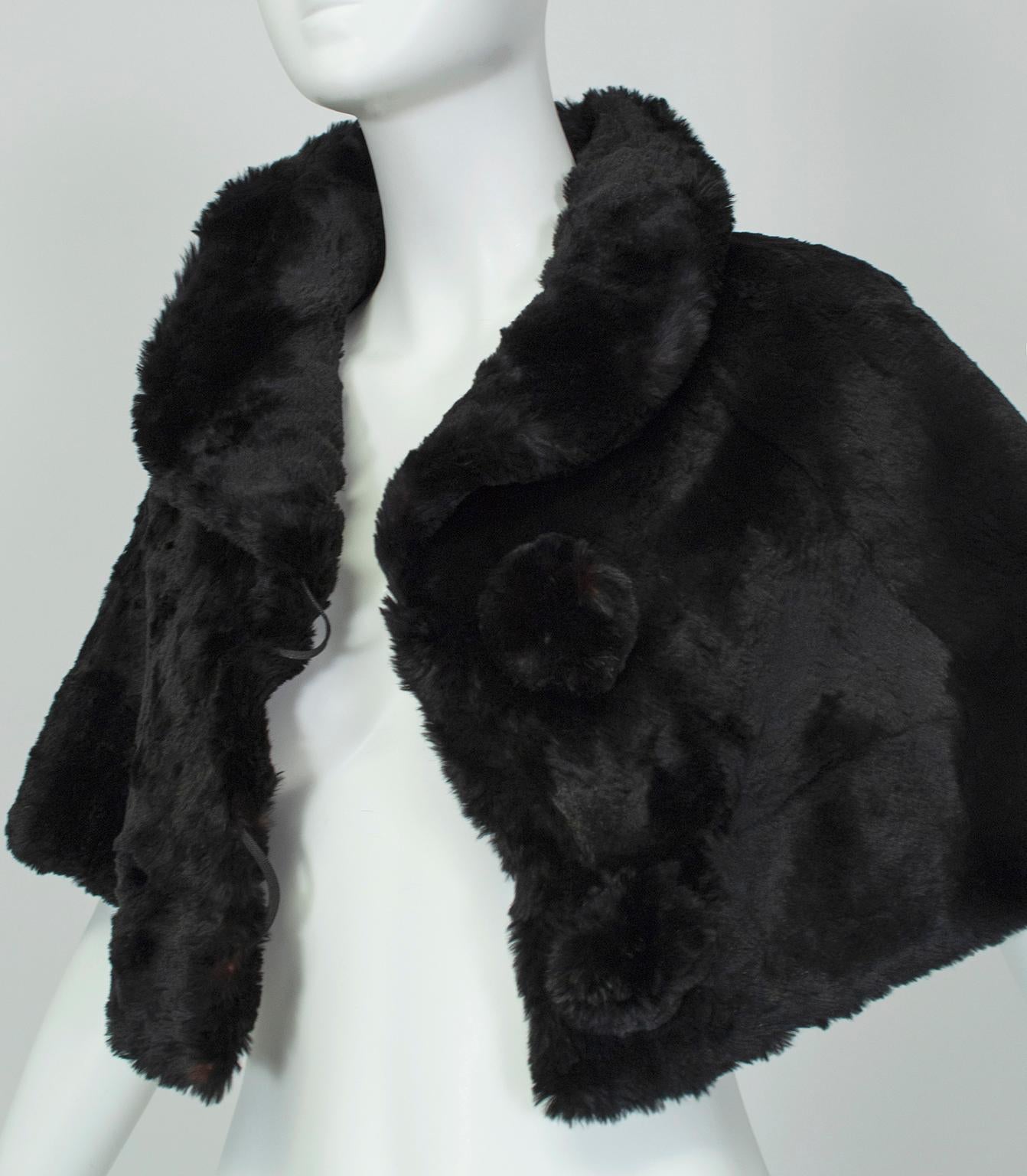 Black Shearling Capelet Stole with Shawl Collar, 1950s 1