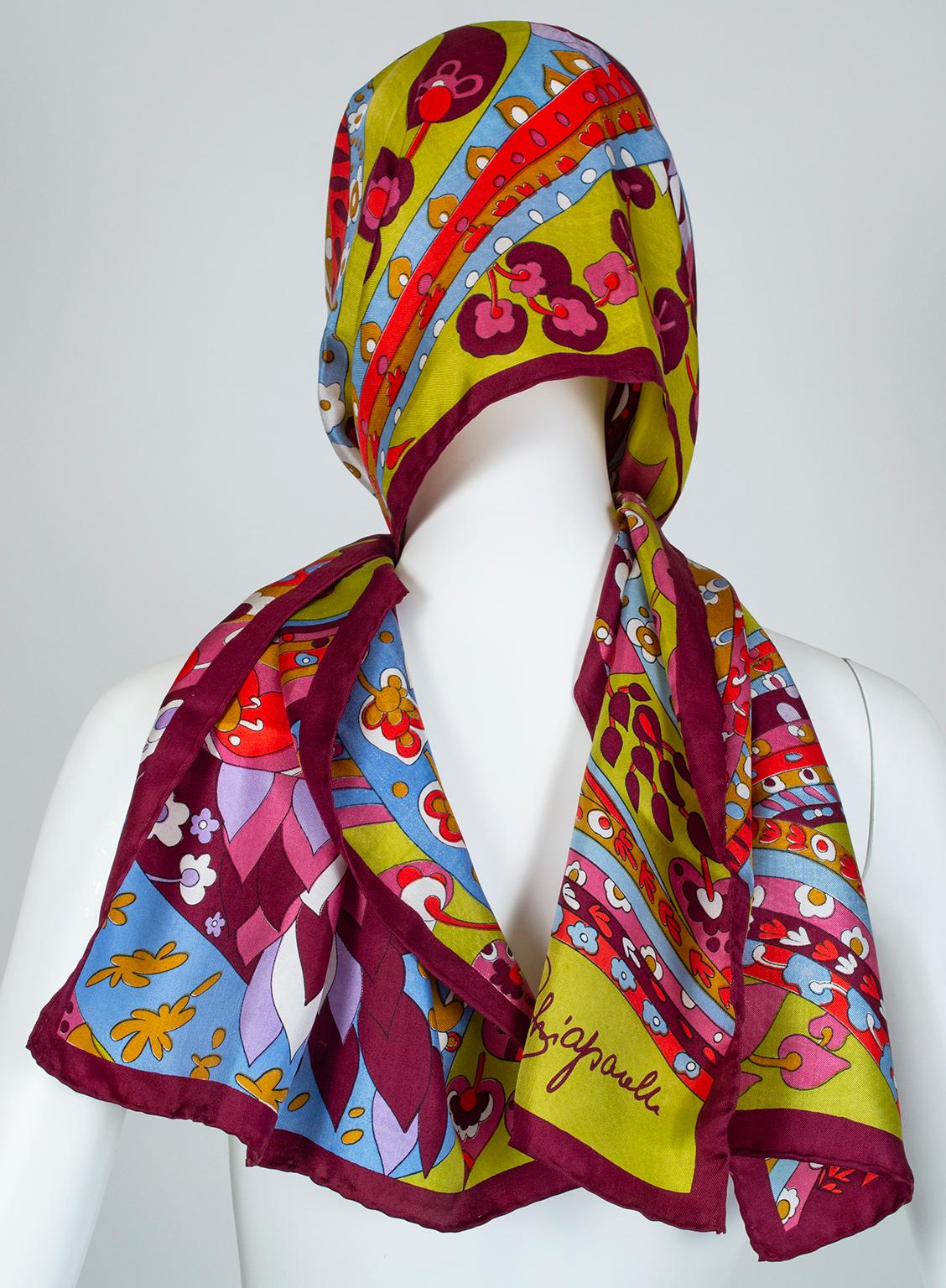 Brown Vintage Schiaparelli Acid Green Pop Art Psychedelic Silk Foulard Scarf, 1960s