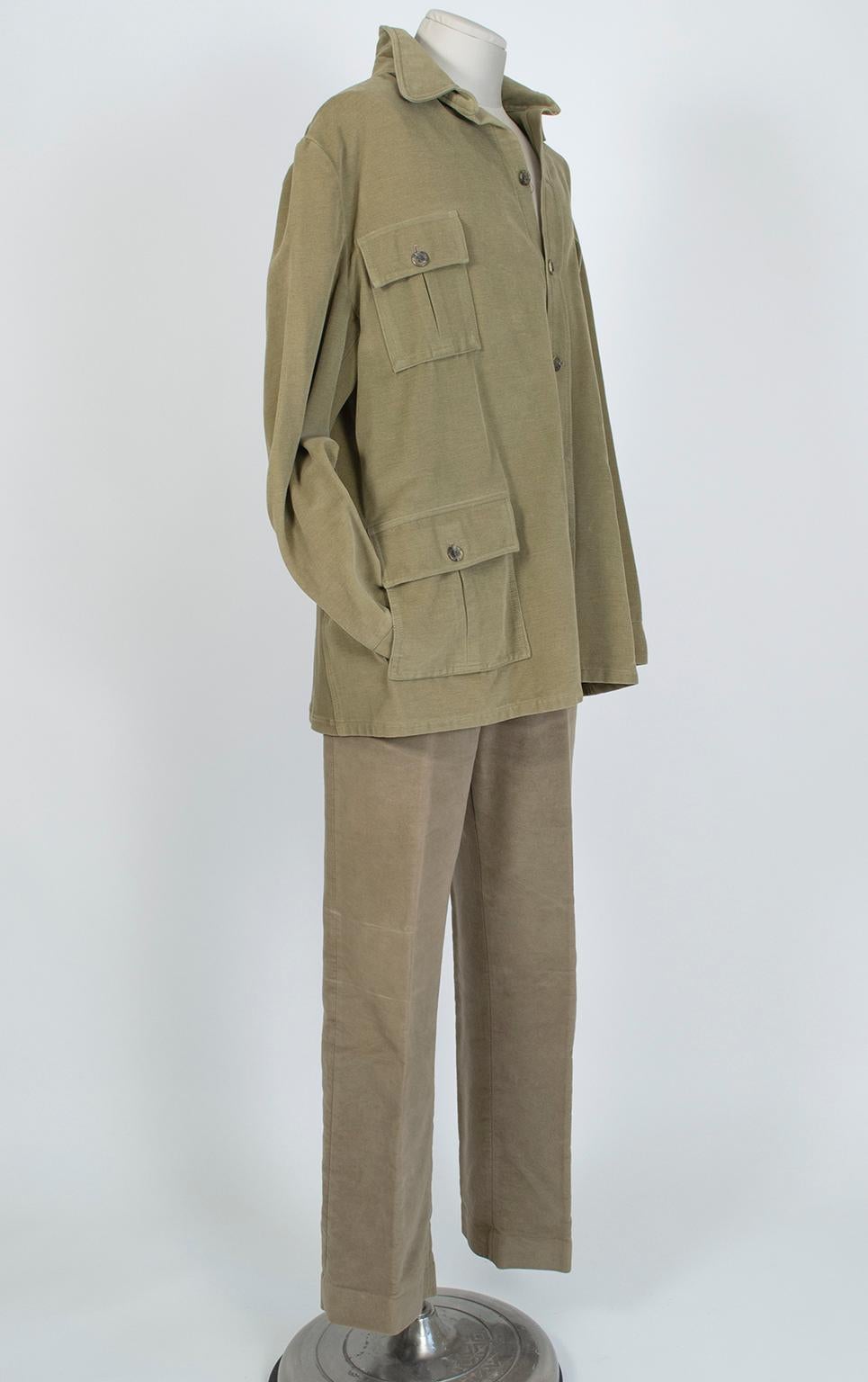 Marron Ensemble veste et pantalon de chasse Norfolk en cuir de mouton kaki britannique pour homme - XL, années 1960 en vente